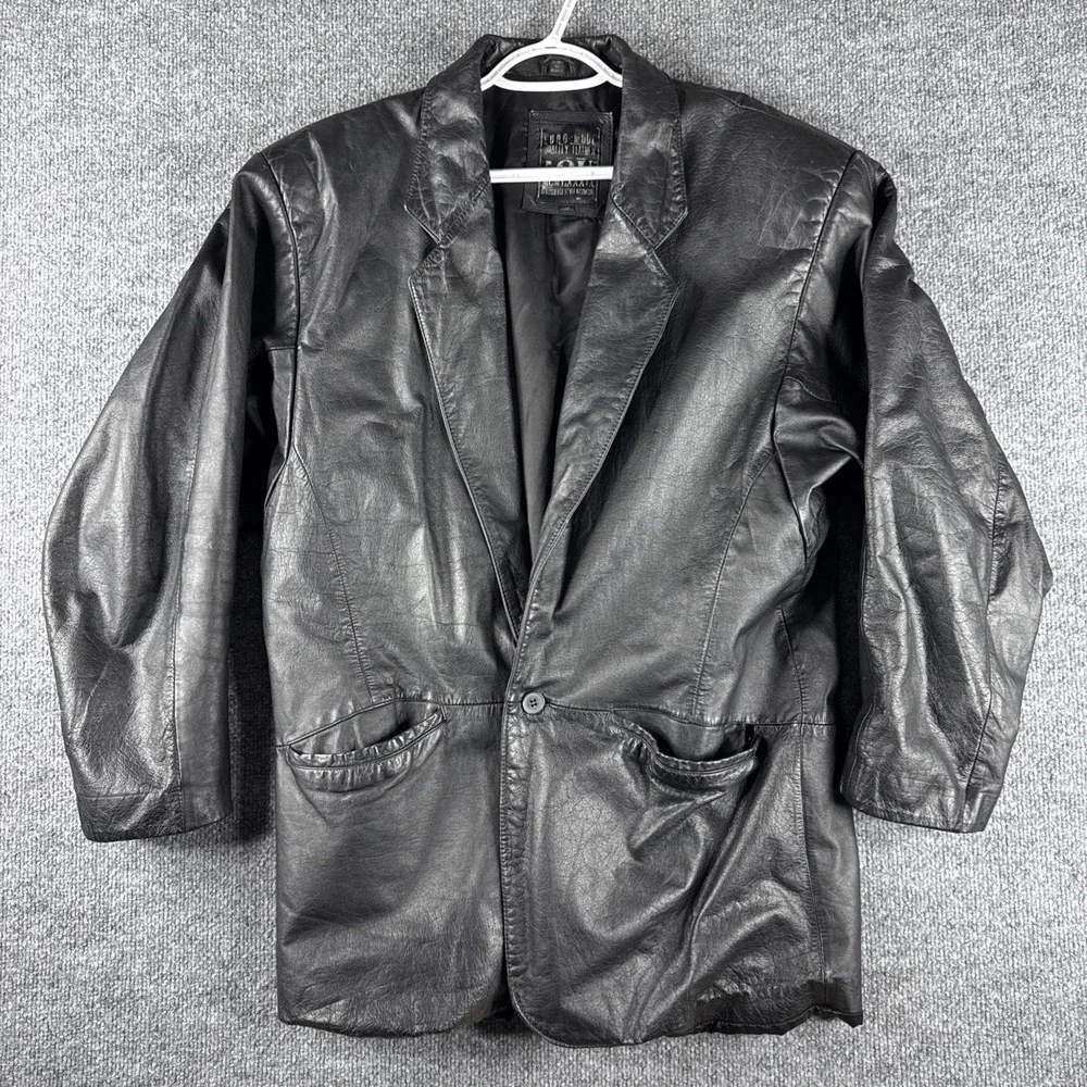 VINTAGE IOU Motorcycle Jacket Mens M Black Leather Biker Moto Grunge Button 90s